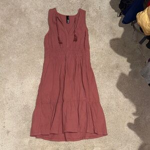 Bobi Split Neck Tassel Rustic Ruffle Dress